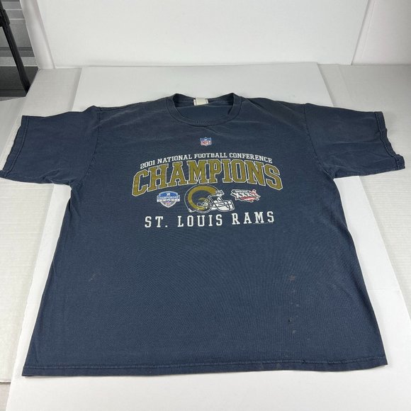 Y2K Lee NFC Champs NFL St Louis Rams Shirt Extra Large Blue Thrashed Faded Tee - Picture 1 of 16